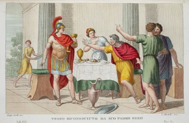 Teseo riconosciuto da suo padre Egeo, Libro VII, illustrazione dalle Metamorfosi di Ovidio, Firenze, 1832